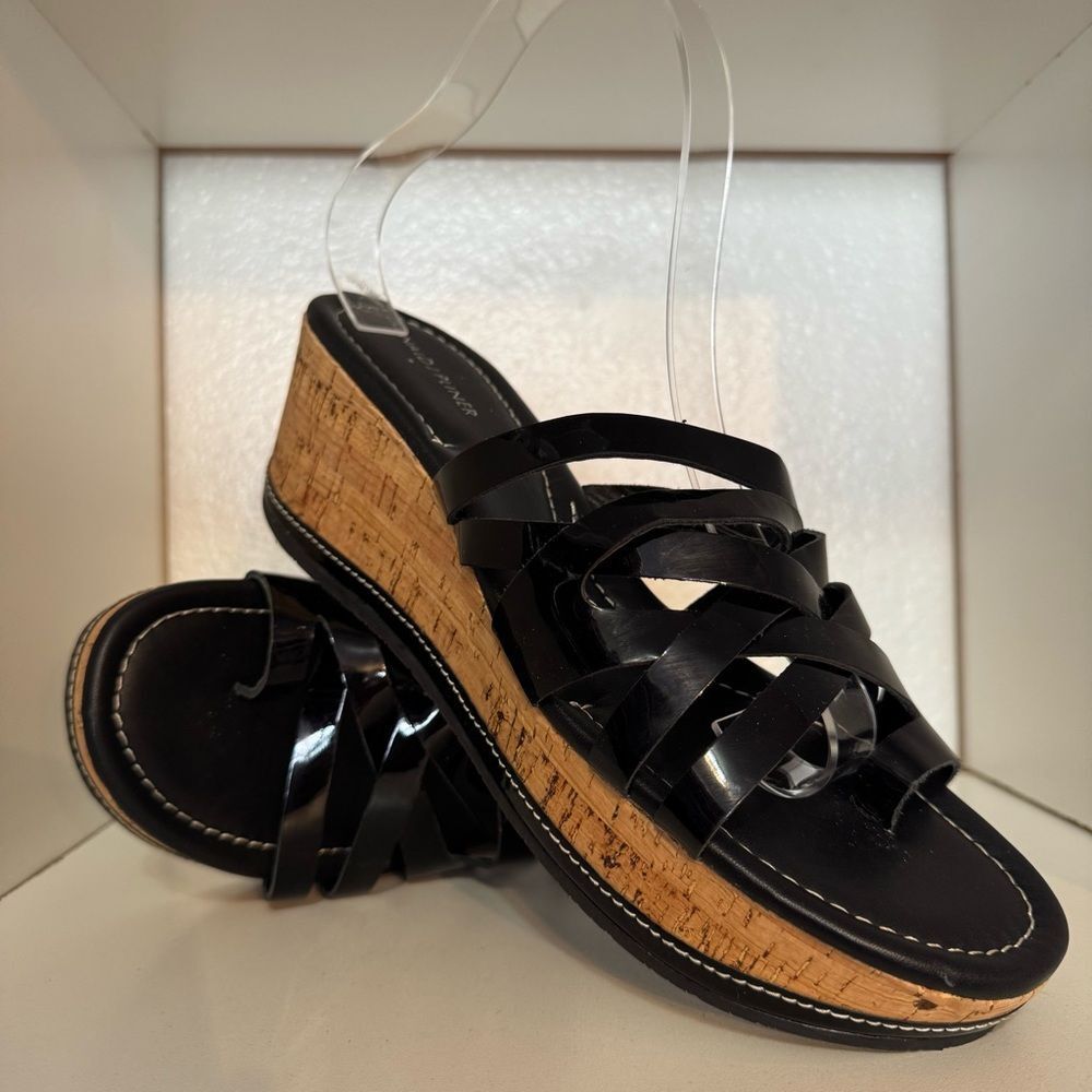 Donald J. Pliner Salma Black Patent Leather Cork Wedge Sandals Strappy Slide